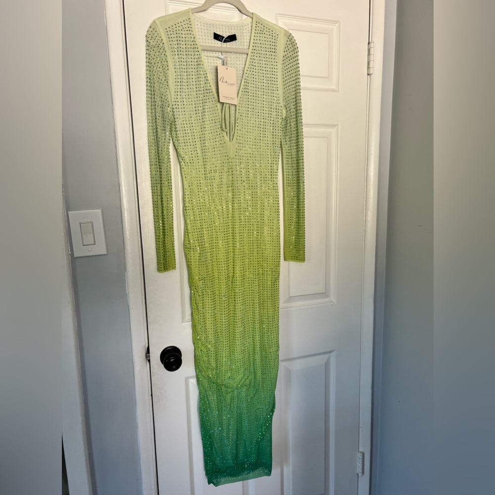 REVOLVE/BellaBarnett Green Ombre Long Sleeve Dress With Crystals
